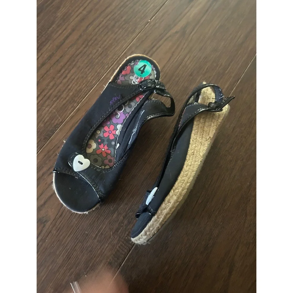 Y2K Sugar Kids Black Wedge Espadrille Sandals Heart Button Peep Toe Size 4m